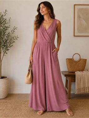 Sleeveless V-Neck Wide-Leg Jumpsuit in Dusty Rose
